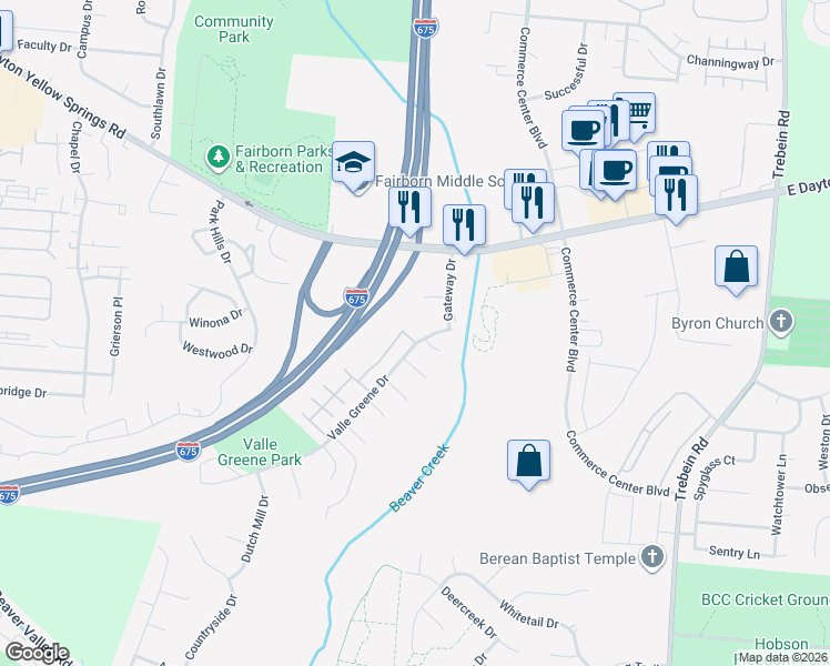 map of restaurants, bars, coffee shops, grocery stores, and more near 2201 Roseanne Court in Fairborn