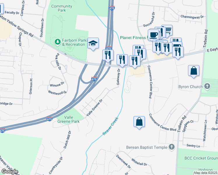 map of restaurants, bars, coffee shops, grocery stores, and more near 1004 Sandpiper Court in Fairborn