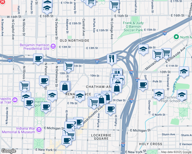 map of restaurants, bars, coffee shops, grocery stores, and more near 922 North Park Avenue in Indianapolis
