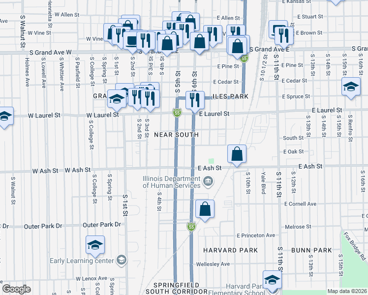 map of restaurants, bars, coffee shops, grocery stores, and more near 2021 South 6th Street in Springfield