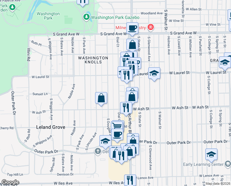 map of restaurants, bars, coffee shops, grocery stores, and more near 1837 Dial Court in Springfield