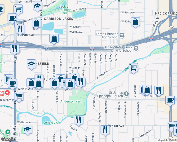 map of restaurants, bars, coffee shops, grocery stores, and more near 4585 Everett Street in Wheat Ridge
