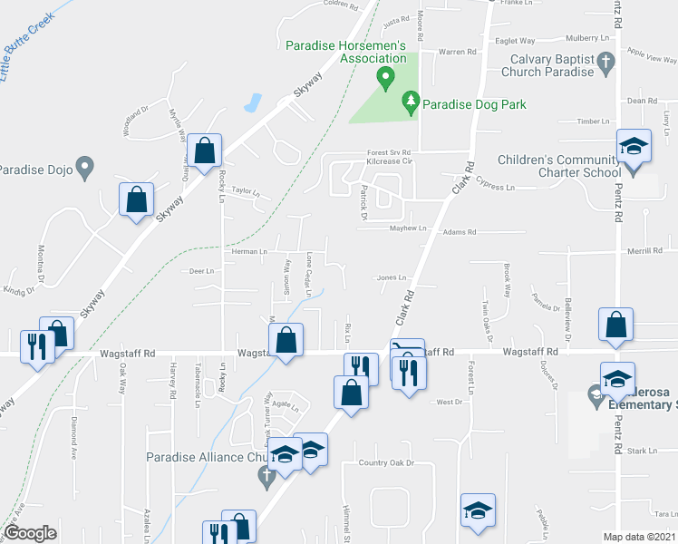 map of restaurants, bars, coffee shops, grocery stores, and more near 1422 Andrea Lane in Paradise