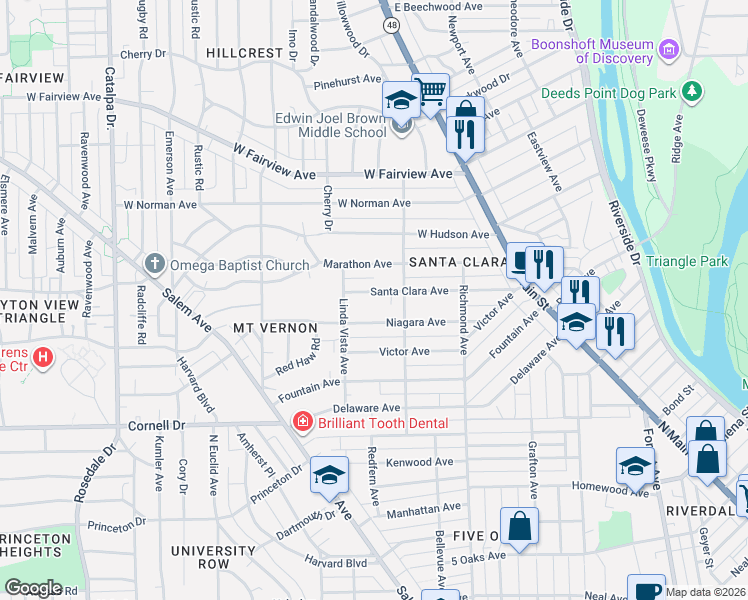 map of restaurants, bars, coffee shops, grocery stores, and more near 237 Niagara Avenue in Dayton