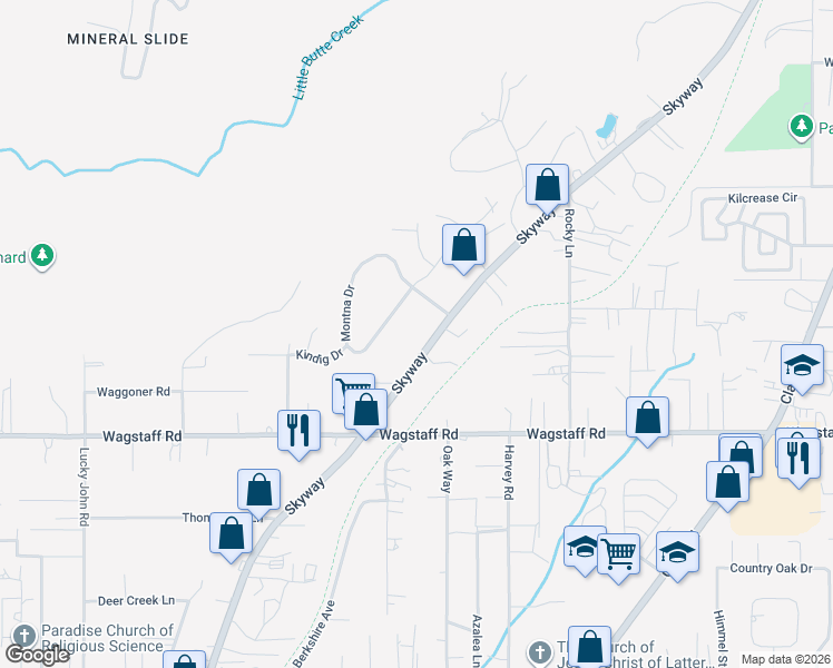 map of restaurants, bars, coffee shops, grocery stores, and more near 8471 Skyway in Paradise