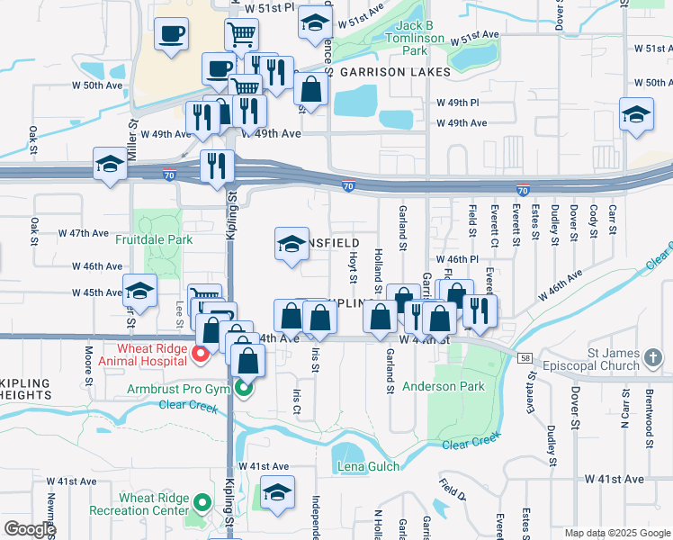map of restaurants, bars, coffee shops, grocery stores, and more near 4585 Independence Street in Wheat Ridge