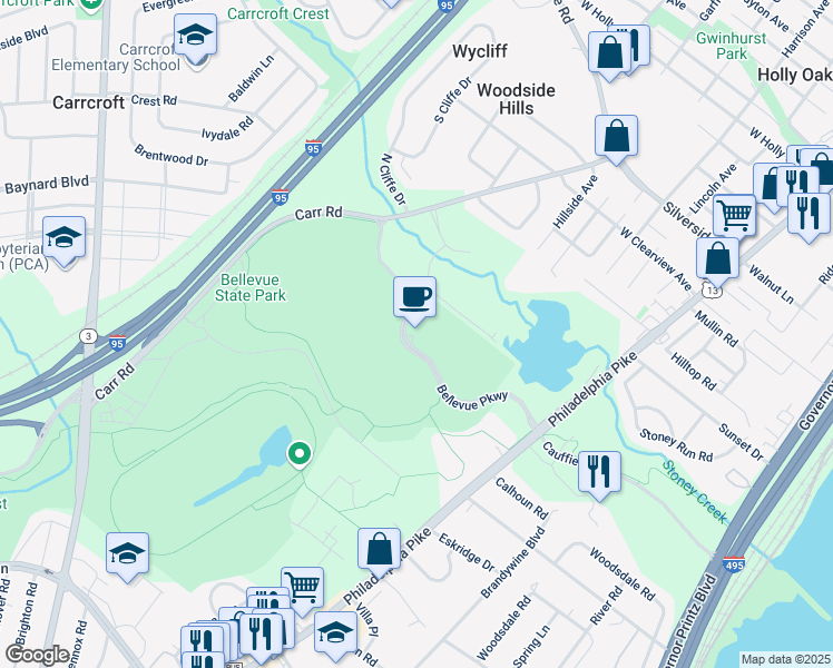 map of restaurants, bars, coffee shops, grocery stores, and more near 201 Bellevue Parkway in Wilmington