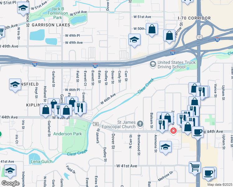 map of restaurants, bars, coffee shops, grocery stores, and more near West 46th Avenue in Wheat Ridge