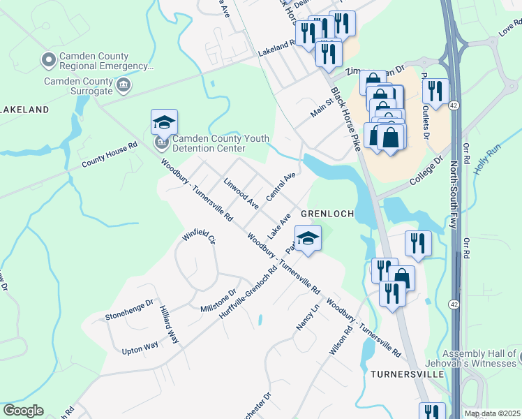 map of restaurants, bars, coffee shops, grocery stores, and more near 102 Central Lane in Washington Township