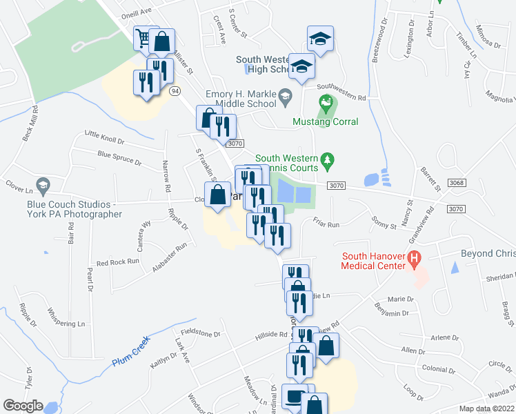 map of restaurants, bars, coffee shops, grocery stores, and more near 1016 Baltimore Street in Hanover