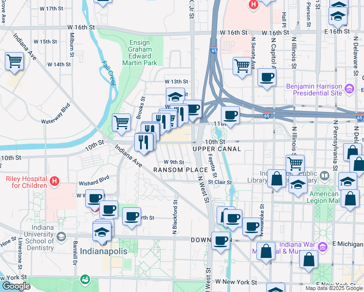 map of restaurants, bars, coffee shops, grocery stores, and more near 945 North California Street in Indianapolis