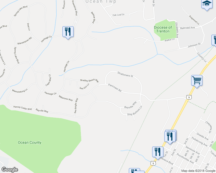 map of restaurants, bars, coffee shops, grocery stores, and more near 52 Pancoast Road in Ocean Township