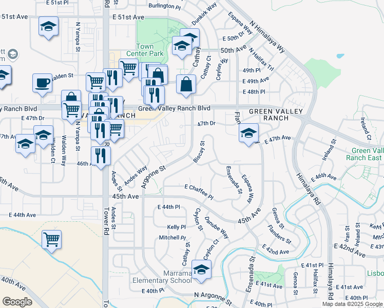 map of restaurants, bars, coffee shops, grocery stores, and more near 4600 Argonne Street in Denver
