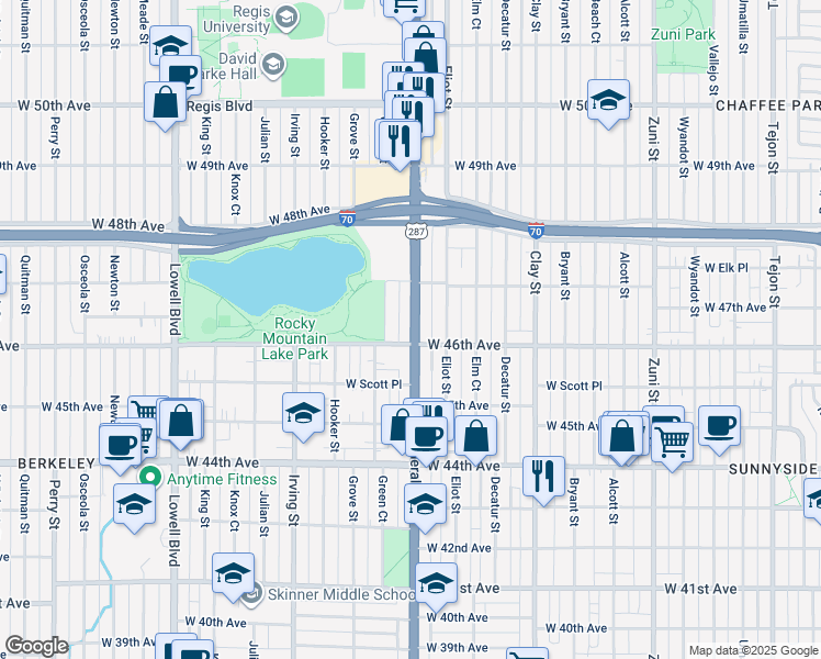 map of restaurants, bars, coffee shops, grocery stores, and more near 4591 Federal Boulevard in Denver