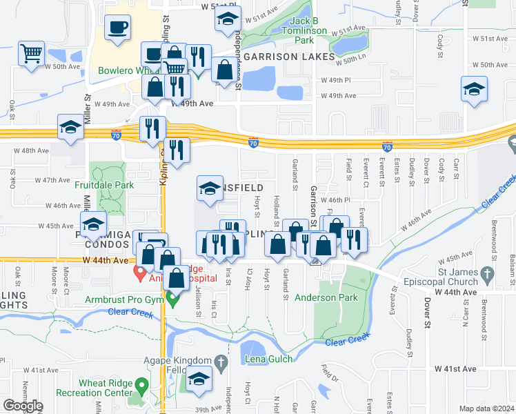 map of restaurants, bars, coffee shops, grocery stores, and more near 4520 Hoyt Street in Wheat Ridge
