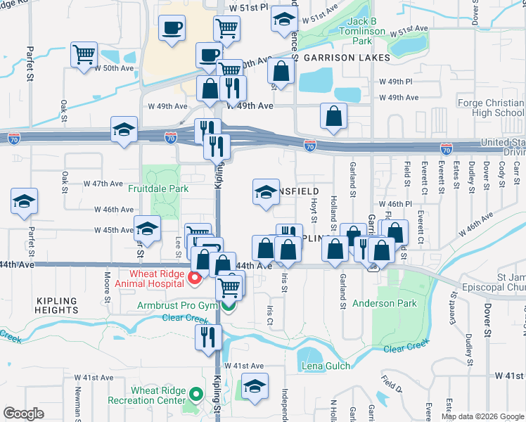 map of restaurants, bars, coffee shops, grocery stores, and more near 4617 Independence Street in Wheat Ridge