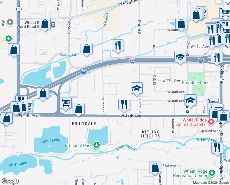 map of restaurants, bars, coffee shops, grocery stores, and more near 11240 West 46th Avenue in Wheat Ridge