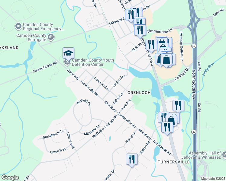 map of restaurants, bars, coffee shops, grocery stores, and more near 102 Central Lane in Washington Township