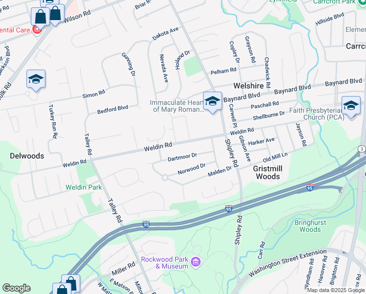 map of restaurants, bars, coffee shops, grocery stores, and more near 4658 Dartmoor Drive in Wilmington