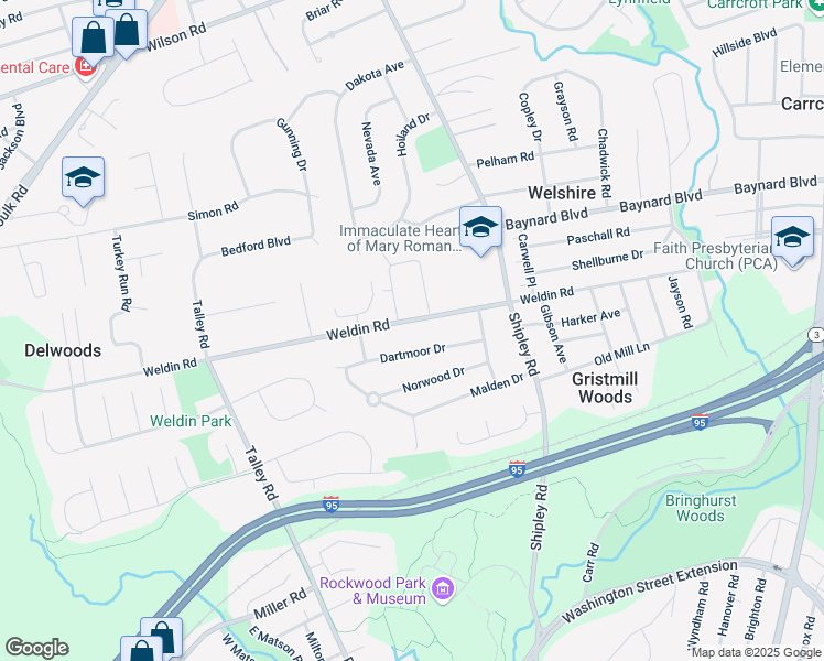 map of restaurants, bars, coffee shops, grocery stores, and more near 4658 Dartmoor Drive in Wilmington