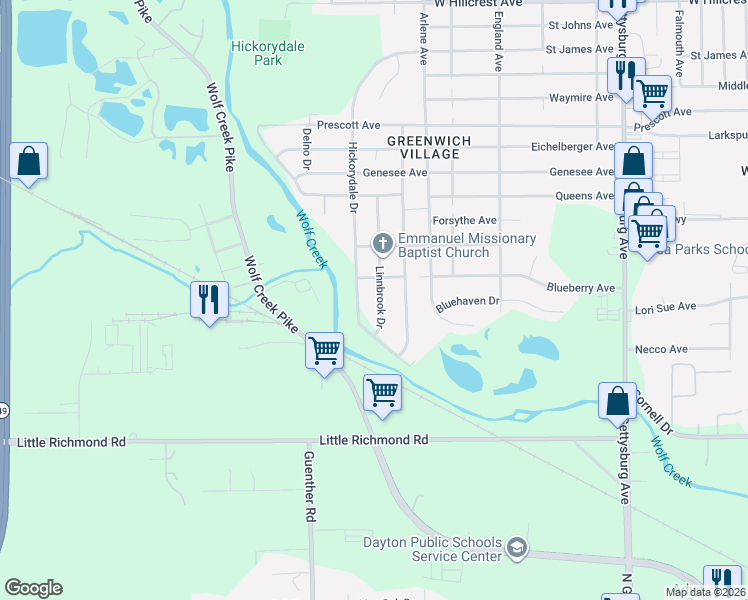 map of restaurants, bars, coffee shops, grocery stores, and more near 1612 Linnbrook Drive in Dayton