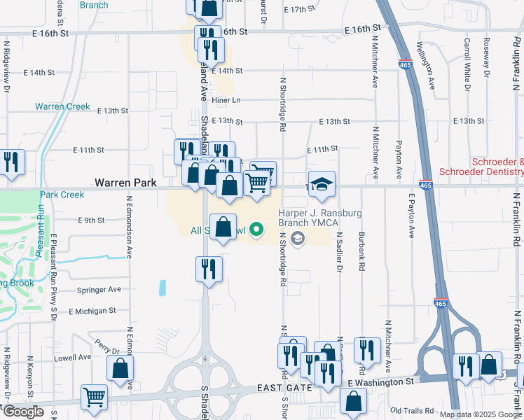map of restaurants, bars, coffee shops, grocery stores, and more near 740 North Shortridge Road in Indianapolis