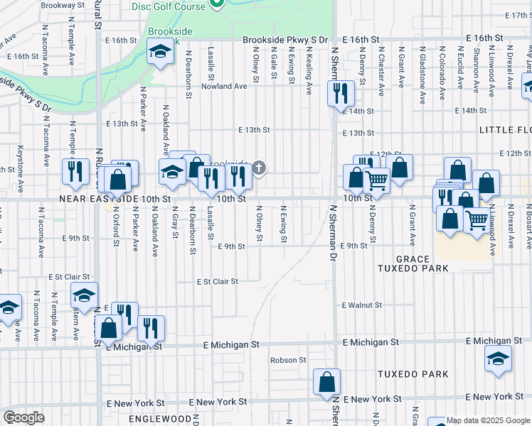 map of restaurants, bars, coffee shops, grocery stores, and more near 924 North Ewing Street in Indianapolis