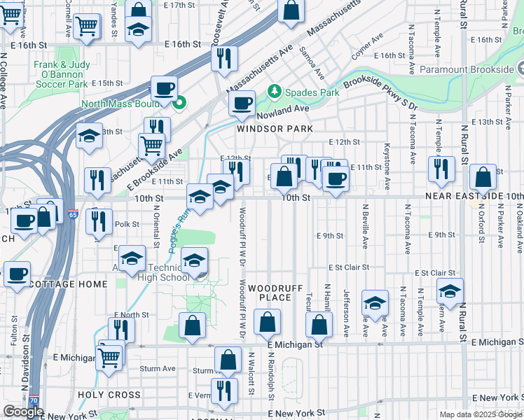 map of restaurants, bars, coffee shops, grocery stores, and more near 901 Woodruff Place Middle Drive in Indianapolis