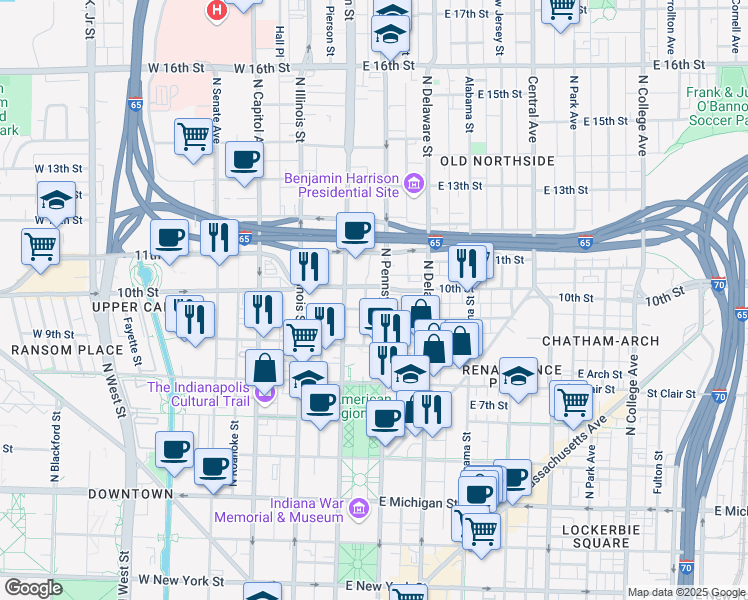 map of restaurants, bars, coffee shops, grocery stores, and more near 9 East Saint Joseph Street in Indianapolis