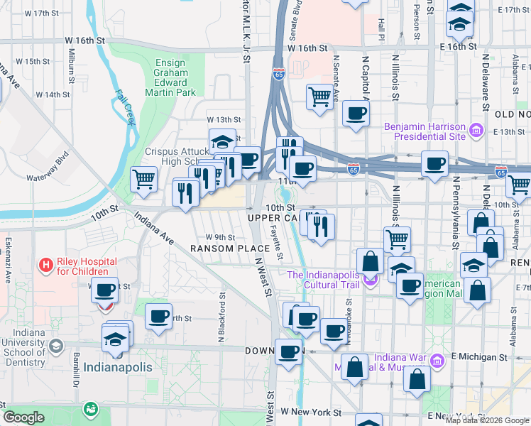 map of restaurants, bars, coffee shops, grocery stores, and more near 901 Doctor Martin Luther King Junior Street in Indianapolis