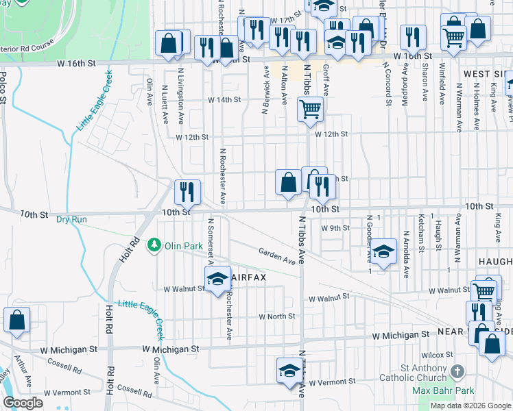 map of restaurants, bars, coffee shops, grocery stores, and more near 3501 West 10th Street in Indianapolis
