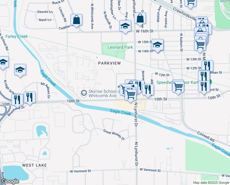 map of restaurants, bars, coffee shops, grocery stores, and more near 5384 West 10th Street in Indianapolis