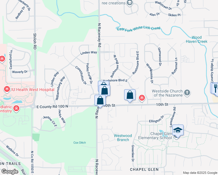 map of restaurants, bars, coffee shops, grocery stores, and more near 1045 North Raceway Road in Indianapolis