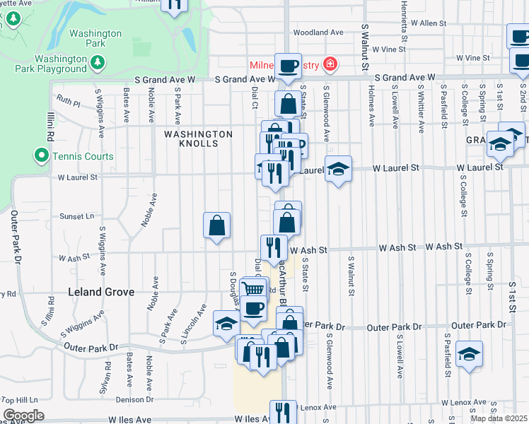 map of restaurants, bars, coffee shops, grocery stores, and more near 1837 Dial Court in Springfield