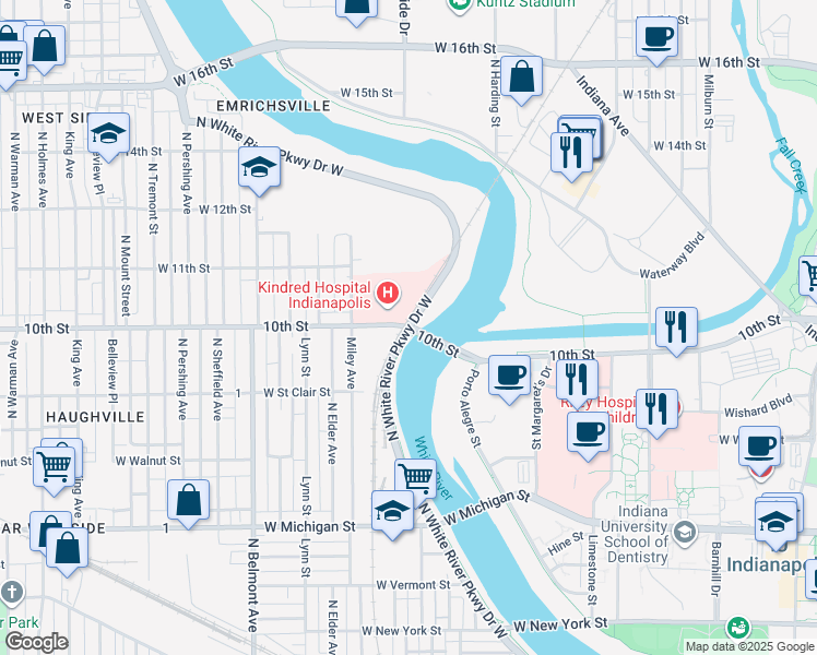 map of restaurants, bars, coffee shops, grocery stores, and more near W 10th St & N White River Pkwy W Dr in Indianapolis