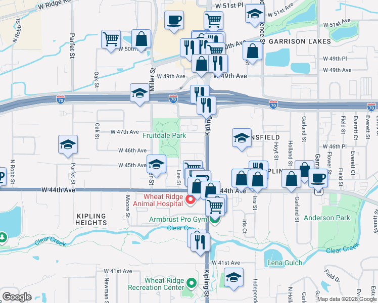 map of restaurants, bars, coffee shops, grocery stores, and more near 4621 Kipling Street in Wheat Ridge