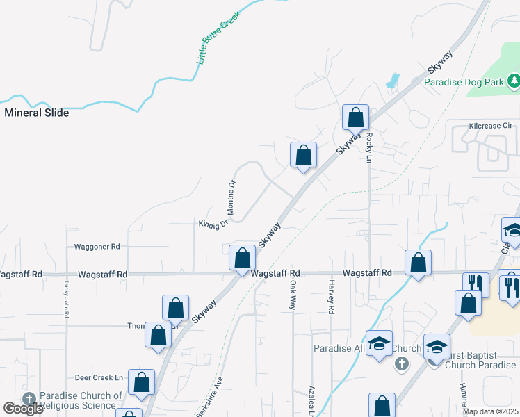 map of restaurants, bars, coffee shops, grocery stores, and more near 8462 Montna Drive in Paradise