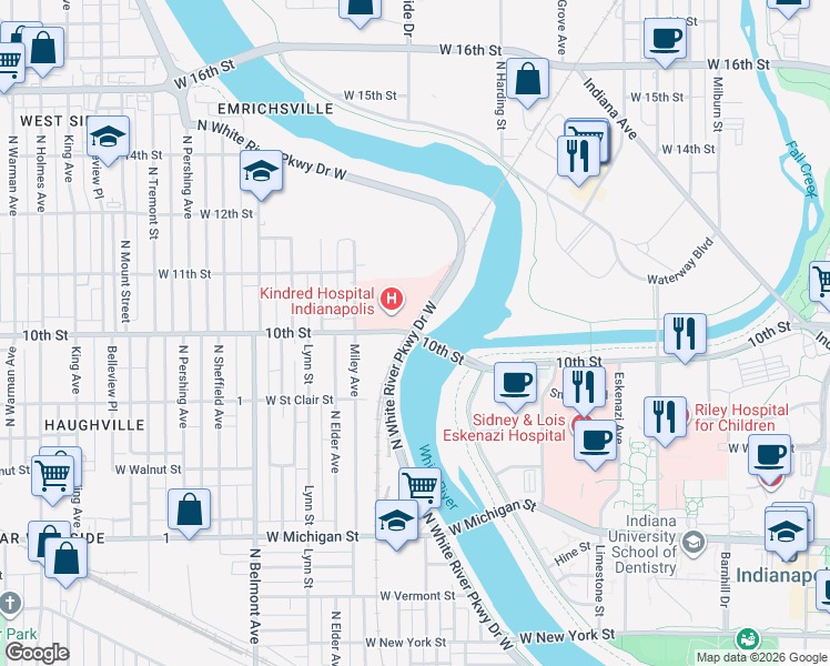 map of restaurants, bars, coffee shops, grocery stores, and more near 1620 West 10th Street in Indianapolis city (balance)