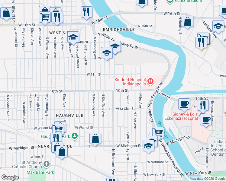map of restaurants, bars, coffee shops, grocery stores, and more near 2103 West 10th Street in Indianapolis