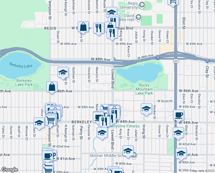 map of restaurants, bars, coffee shops, grocery stores, and more near 3630 West Alice Place in Denver