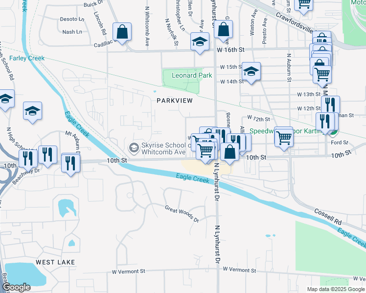 map of restaurants, bars, coffee shops, grocery stores, and more near 5402 Norfolk Way in Speedway