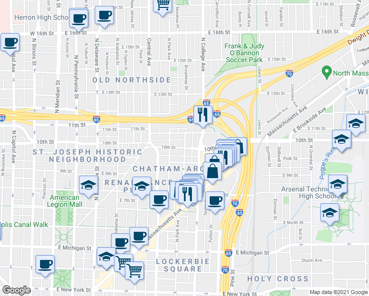 map of restaurants, bars, coffee shops, grocery stores, and more near E 10th St & Broadway St in Indianapolis
