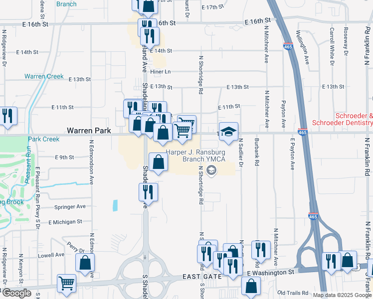 map of restaurants, bars, coffee shops, grocery stores, and more near 7101 East 10th Street in Indianapolis