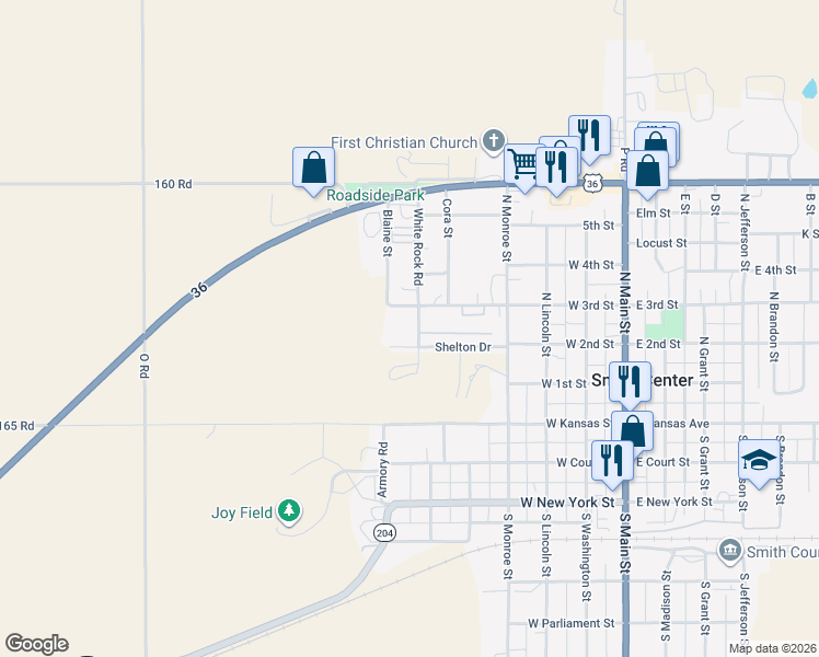 map of restaurants, bars, coffee shops, grocery stores, and more near 501-523 Shelton Drive in Smith Center