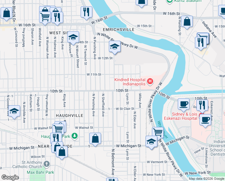 map of restaurants, bars, coffee shops, grocery stores, and more near 2108 West 10th Street in Indianapolis