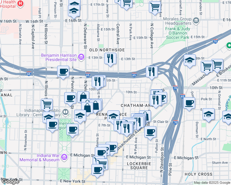 map of restaurants, bars, coffee shops, grocery stores, and more near 968 Fort Wayne Avenue in Indianapolis