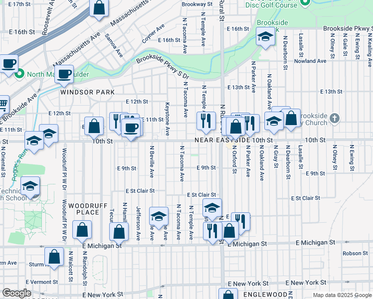map of restaurants, bars, coffee shops, grocery stores, and more near 2512 East 10th Street in Indianapolis