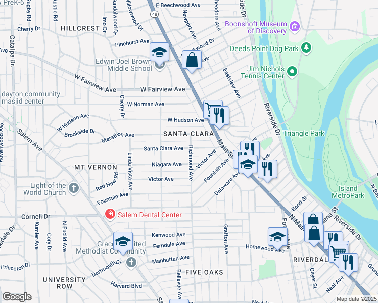 map of restaurants, bars, coffee shops, grocery stores, and more near 100 Santa Clara Avenue in Dayton