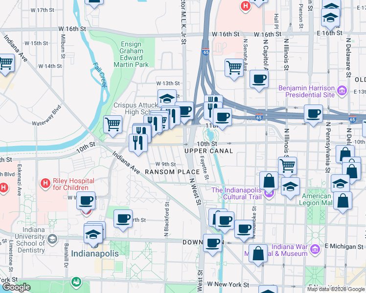 map of restaurants, bars, coffee shops, grocery stores, and more near 1022 Doctor Martin Luther King Junior Street in Indianapolis