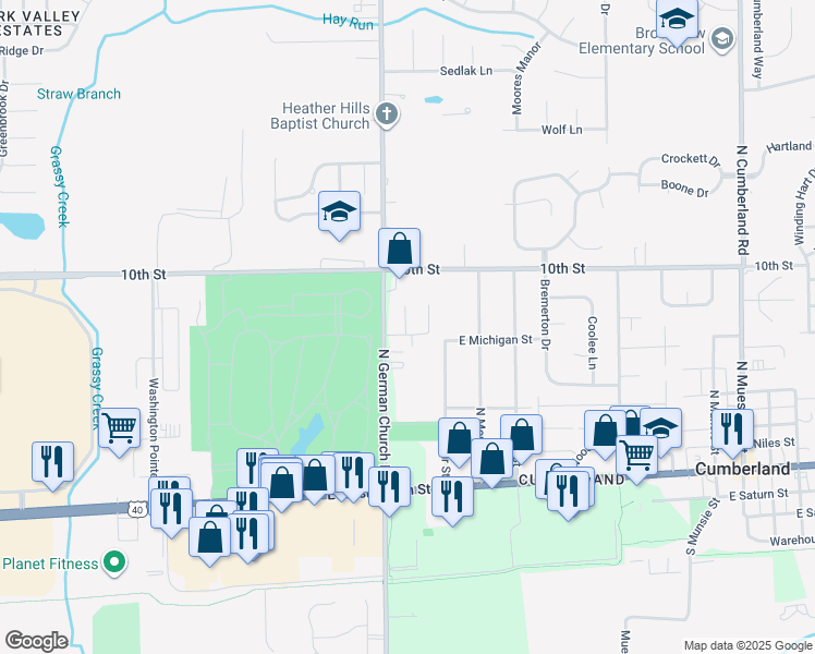 map of restaurants, bars, coffee shops, grocery stores, and more near 965 North German Church Road in Indianapolis